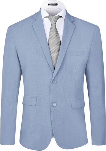 Vista 2 de MAGE MALE Blazer casual para hombre, chaqueta ligera de traje de dos botones, abrigo deportivo de lino, chaqueta de esmoquin ajustada para negocios