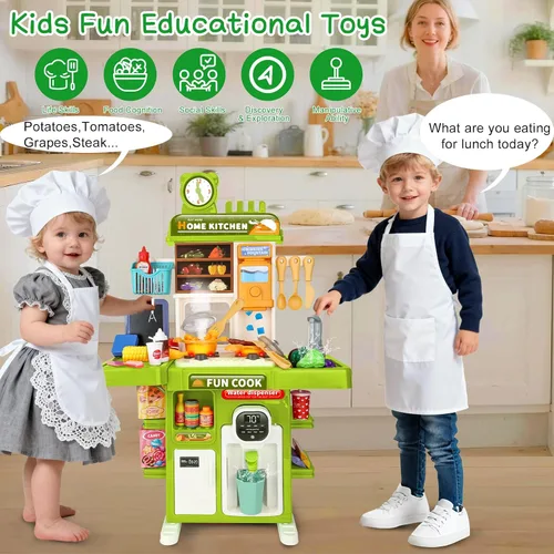 Vista 2 de Juego de cocina para niños Mini juego de cocina para niños con estufa, sonido y luz Juguetes de cocina de simulación para niños de 3, 4, 5 años Verde