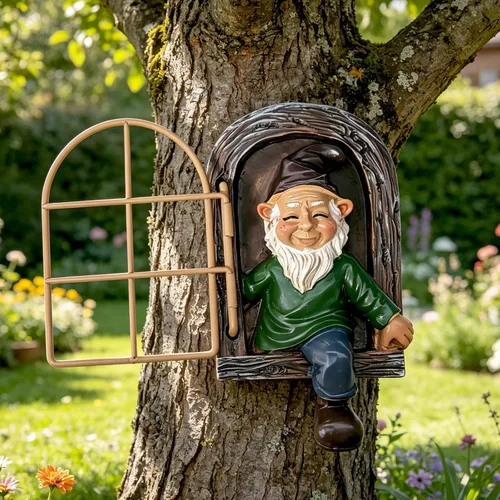 Vista 4 de Tirifer Gnomos de jardín, elfo fuera de la puerta, decoración al aire libre enanos 3D al aire libre, escultura de árbol de gnomo, decoración