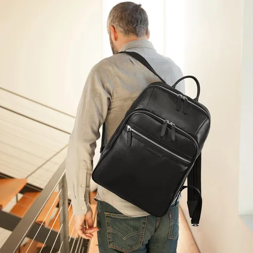 Vista 2 de BOSTANTEN Mochila de cuero para hombre 15.6 pulgadas Mochila para portátil de viaje Bolsa universitaria Negro