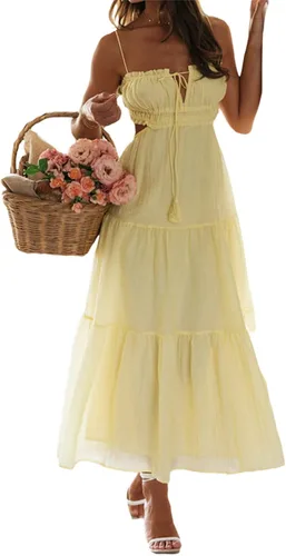 Vista 8 de Vestido sexy de corte bajo con tirantes delgados para mujer, vestido largo sin mangas, sin espalda, vestido largo para salir, fiesta, club