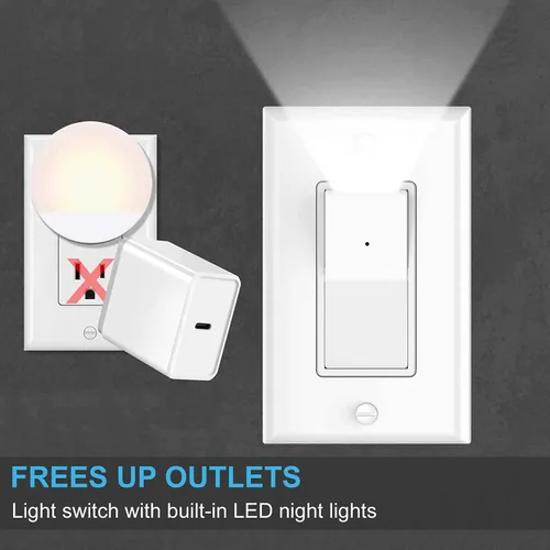Vista 4 de SOZULAMP - Paquete de 10 interruptores de luz de pared de 3 vías con luz nocturna LED de 15 amperios 120/277 voltios, interruptor blanco basculante