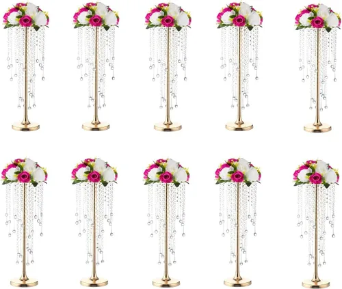 Vista 8 de Centros de mesa de boda dorados de 29.5 pulgadas para mesa, 2 jarrones altos, centros de mesa de boda con cuentas de cristal brillantes, soporte