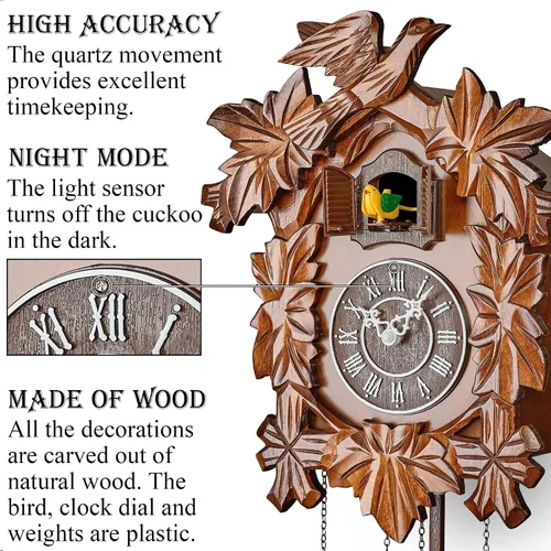 Vista 2 de Reloj de cuco con modo nocturno, decoraciones talladas a mano y péndulo oscilante (marrón)