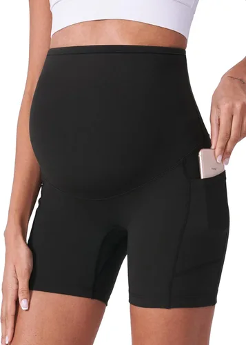 Vista 7 de POSHDIVAH Pantalones cortos de maternidad para mujer de 5 pulgadas 2 piezas negro