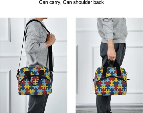 Vista 6 de Bolsas de almuerzo coloridas de conciencia sobre el autismo para mujeres y hombres, lonchera aislada reutilizable, correas de hombro ajustables