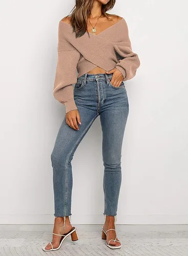 Vista 2 de BTFBM - Suéter casual para mujer con manga larga cuello en V frente cruzado hombros descubiertos dobladillo asimétrico tejido de punto y color liso