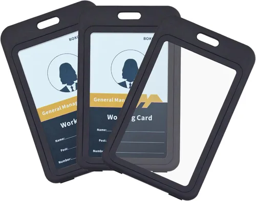 Vista 7 de Portatarjetas de identificación con clip de plástico, ventanas transparentes verticales de doble cara, estuche de plástico negro duro, resistente al