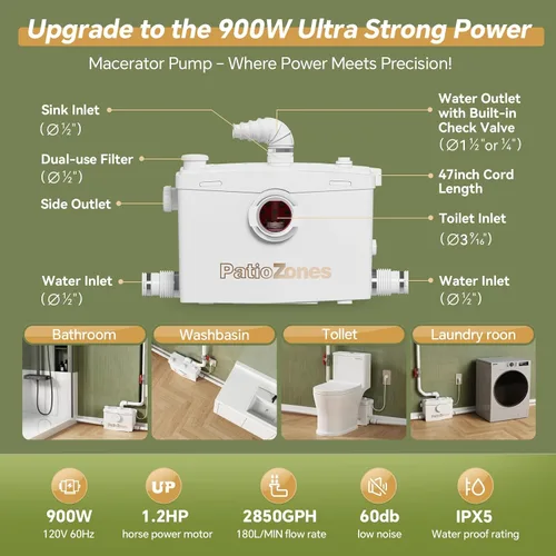 Vista 4 de 900PRO Macerator Pump – 39.3ft Head Lift Sewage Grinder Pump for Upflush