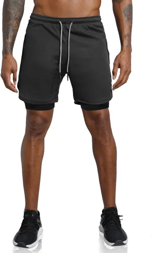 Vista 2 de Leidowei Pantalones cortos para correr 2 en 1 para hombre, ligeros, para entrenamiento, yoga, gimnasio, 7 pulgadas con bolsillos con cremallera