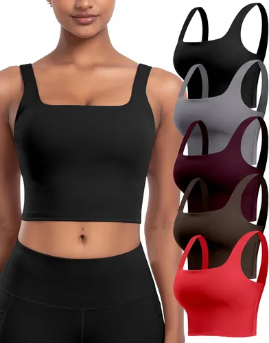 Vista 14 de Sujetadores deportivos para mujer, paquete de 5 unidades, cuello cuadrado, camiseta corta sin mangas acolchada para yoga con almohadillas integradas