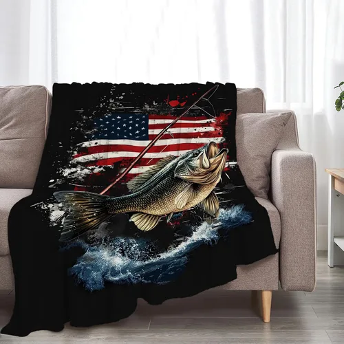 Vista 5 de Manta de pesca con bandera estadounidense, manta suave, cálida, acogedora, mullida, de felpa, regalos para niñas y mujeres, ligera, franela