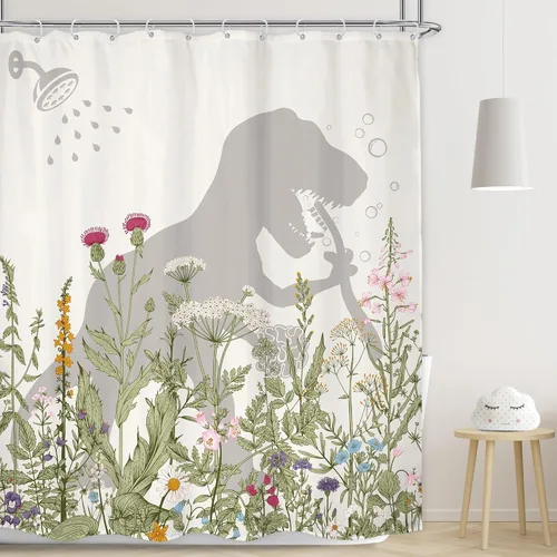 Vista 22 de LGhtyro Juego de Cortina de Ducha Divertida de Dinosaurio para Baño Pequeño 36Wx71H Pulgadas Dibujos Animados Niños Silueta de Dino Sombra de Animal
