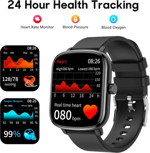 Vista 3 de Popglory Reloj inteligente, reloj de fitness de 1.69 pulgadas para mujeres y hombres con frecuencia cardíaca, presión arterial, oxígeno en sangre