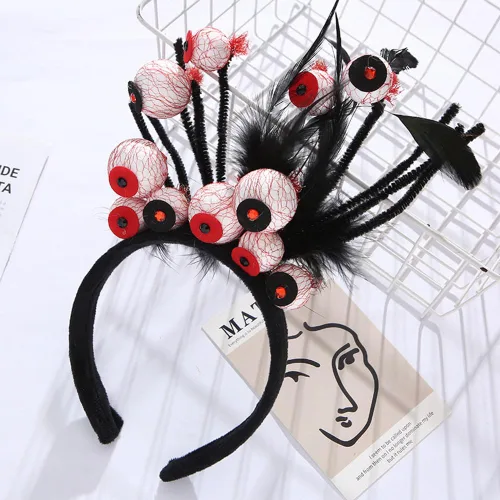 Vista 7 de Diademas de Halloween realistas de terror fantasma, sombrero de ojos rojos, accesorios para el cabello, diademas para mujeres y niños, diadema