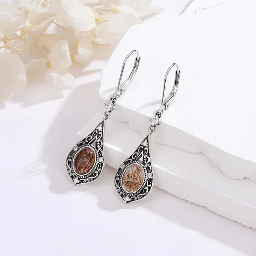 Vista 3 de MRENITE Aretes colgantes de cristal natural victoriano vintage de inspiración antigua para mujer, aretes de piedra curativa ovalada natural