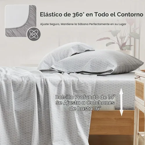 Vista 3 de Comfort Spaces Juego de sábanas de 100% algodón transpirable, ligero, suave, con bolsillo elástico de 14 pulgadas que se adapta a colchones de hasta