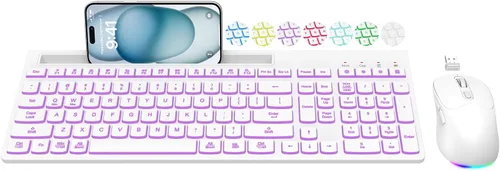 Vista 9 de Combo de teclado y mouse inalámbricos, 7 efectos retroiluminados, letras iluminadas, recargable, soporte para teléfono, mouse de 6 botones, ángulo