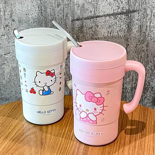 Vista 3 de Everyday Delights Hello Kitty - Vaso aislado de acero inoxidable con tapa, popote y varilla para agitar, 19.6 fl oz (blanco)