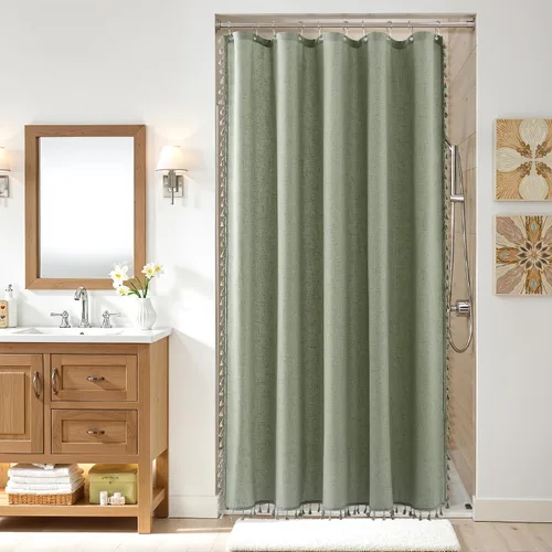 Vista 31 de Nanspring Cortina de ducha de lino extra larga para baño, 96 pulgadas Natural