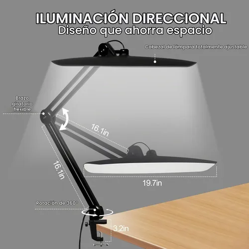 Vista 5 de Lámpara de escritorio LED de 20 pulgadas con abrazadera, luz de uñas ajustable CCT de 24 W regulable para escritorio, 120 LED de brazo giratorio