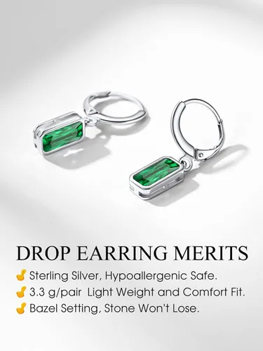 Vista 5 de Bestyle Aretes colgantes de plata de ley pequeños y delicados con piedra natal para mujeres y niñas con cristal rectangular de baguette y aro