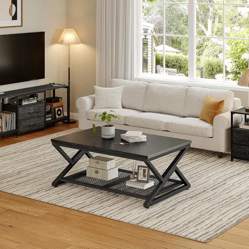 Vista 9 de EnHomee Mesa de Café con Almacenamiento, Mesas de Café Modernas para Sala de Estar con Estante de Malla, Mesa de Centro Rectangular de 2 Niveles