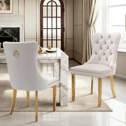 Vista 79 de Juego de 2 sillas de comedor de terciopelo con patas de madera, color beige Mid Century Modern Dining Chairs,Upholstered Chairs with Nailhead