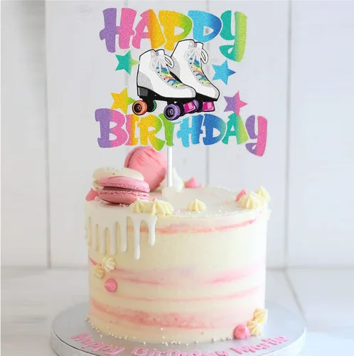 Vista 4 de Patín de ruedas Happy Birthday Cake Topper para niñas, retro, colorido, hip hop, tema, fiesta, decoración de tartas, suministros para rodar