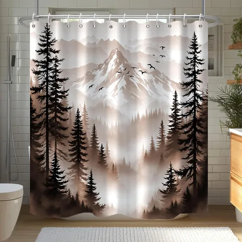Vista 11 de Cortina de Ducha Azul Bosque de Pino Montaña Aves Paisaje Nebuloso Cortina de Ducha Impermeable de Tela para Decoración de Baño 60x72 Pulgadas