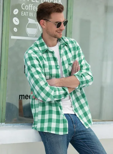 Vista 2 de SANGTREE Camisa de franela de manga larga con botones para hombres y niños, tallas desde 3 meses hasta 9XL de adulto de EE. UU., Verde, blanco