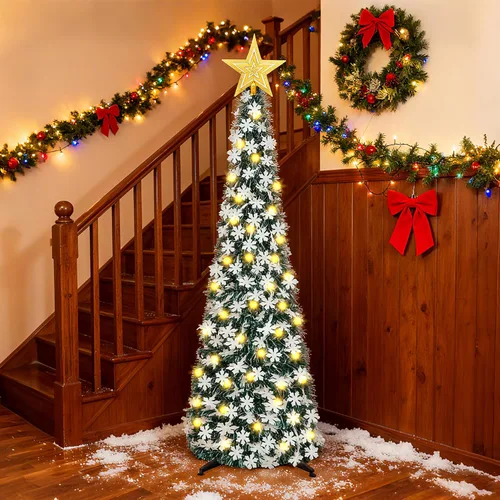 Vista 5 de Árbol de Navidad de escarcha desplegable de 1.5 m con 50 luces LED y control remoto, con estrella en la parte superior, fácil de montar con soporte