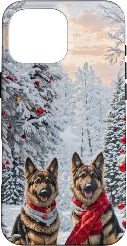 Vista 19 de iPhone 16 Lindo perro pastor alemán en paisaje nevado feliz Navidad caso