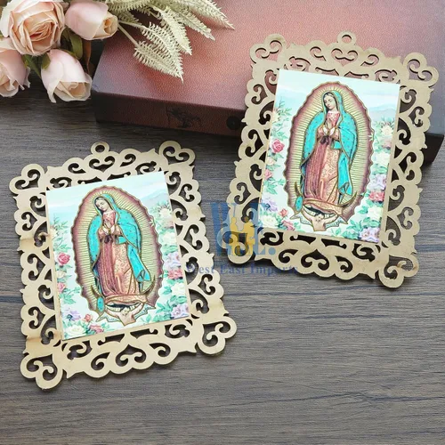 Vista 6 de Bautizo Favores 12 piezas Nuestra Señora de Guadalupe marcos de fotos de madera para primer viaje bautizo conmemorativo regalo con bolsas
