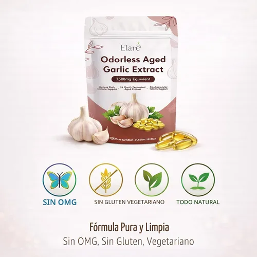 Vista 4 de Elare Extracto de ajo añejo: 300 cápsulas blandas, suplemento de ajo inodoro, 2 años de maduración, apoya la salud del corazón, el sistema
