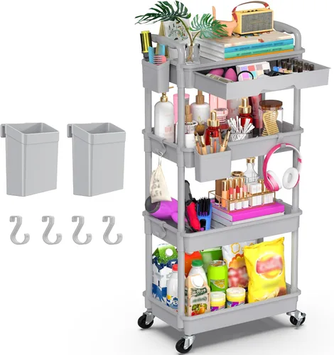 Vista 16 de Goovilla Organizador de carrito utilitario de 3 niveles con cajón extraíble, carritos de almacenamiento rodantes negros estables y resistentes con 2