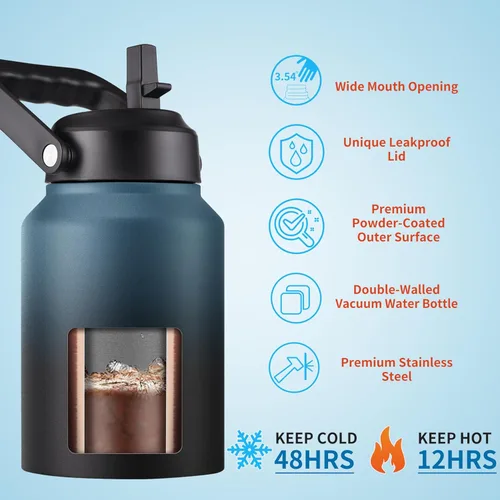 Vista 3 de EALGRO Botella de Agua Aislada de Medio Galón Jarra con Pajilla, 64 oz Frasco de Agua Deportivo de Metal de Acero Inoxidable Grande con Asa, Taza