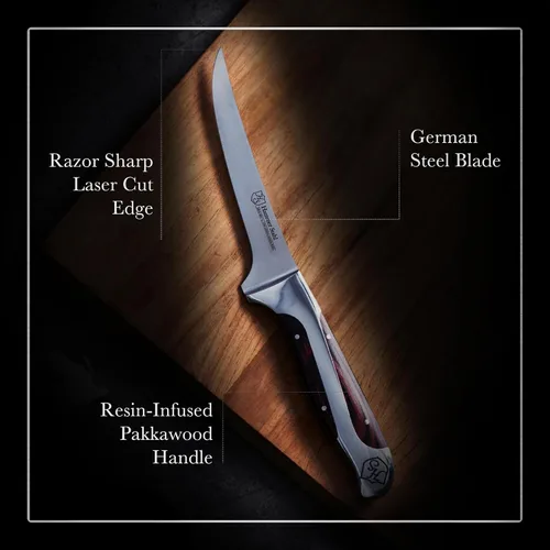 Vista 2 de Hammer Stahl Cuchillo de deshuesar de 6 pulgadas, acero alemán de alto carbono, hoja flexible curvada para deshuesar, filetear y recortar, mango