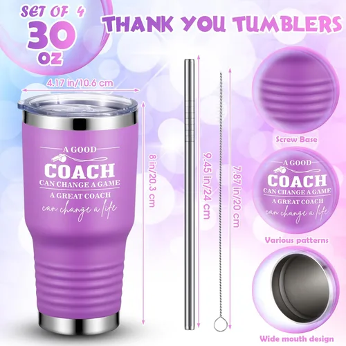 Vista 2 de Uiifan 4 juegos de vasos con tapas y pajitas, vaso de acero inoxidable de 30 onzas, regalo de agradecimiento para fútbol de baloncesto