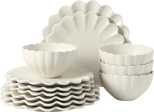 Vista 28 de Gibson Elite Peach Orchard - Juego de vajilla de porcelana de hueso de 12 piezas para 4, platos y cuencos estriados en relieve, apto
