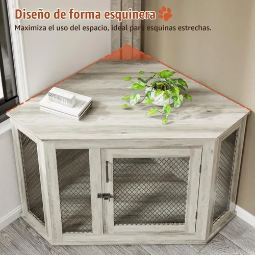 Vista 3 de PUKAMI Mueble esquinero de 52 pulgadas para perros, muebles de madera para perreras con malla, casa decorativa de madera para perros