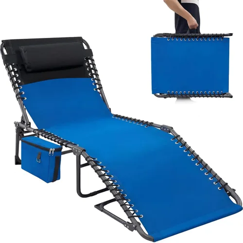 Vista 8 de Tumbona plegable para exteriores, silla de bronceado ajustable de 5 posiciones con almohada extraíble, bolsillo lateral y asa de transporte para Gris