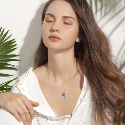 Vista 4 de Hamsa - Collar de plata de ley 925 con colgante de mano de Fátima Hamsa, collar de protección de la suerte para mujer, Plata esterlina, Circón