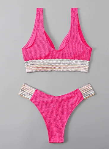 Vista 4 de Herseas Traje de baño de 2 piezas para mujer, con bloque de color, cuello en V, acanalado, panel cheurón