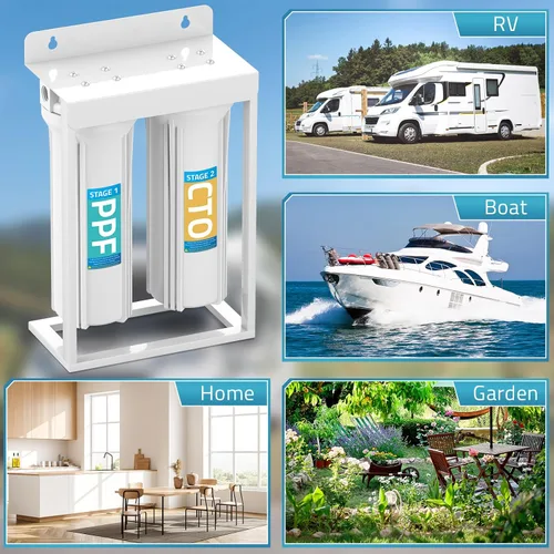 Vista 8 de PAULINN Sistema de Filtros de Agua Dobles Externos para RV, Filtro de Agua para Caravana Libre de Plomo y BPA con Accesorios de Latón y Soporte