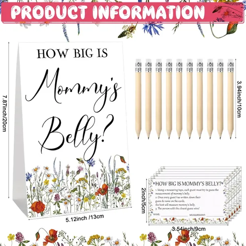 Vista 120 de Sabary 64 Piezas Juegos de Baby Shower Incluyen Letrero How Big is Mommy's Belly Sign Measure Bump Game 50 Tarjetas 10 Lápices 3 Cintas Métricas