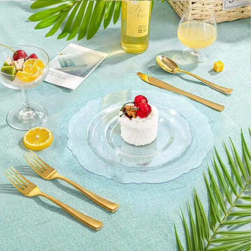 Vista 5 de WDF 60 platos desechables de plástico transparente para postre, 7.5 pulgadas, pequeños, desechables, para pasteles, aperitivos, postres para bodas