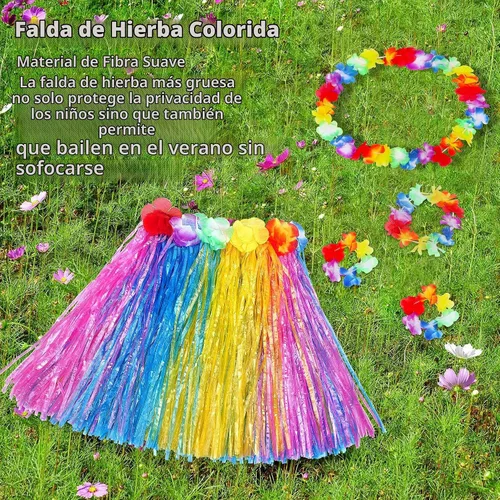 Vista 4 de Fortuning's JDS Falda hawaiana de hierba hula para niña, con flores elásticas a juego, juego de disfraz para fiesta de playa tropical Luau Azul