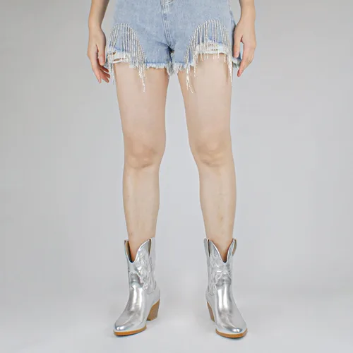 Vista 4 de STALOV Botas vaqueras cosidas para mujer, punta puntiaguda, tacón bajo y grueso, botas vaqueras occidentales bordadas