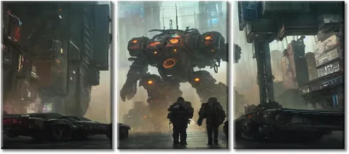 Vista 123 de Arte de pared de 3 piezas de escena de ciencia ficción de la calle comercial futurista paisaje urbano, decoración de pared para dormitorio
